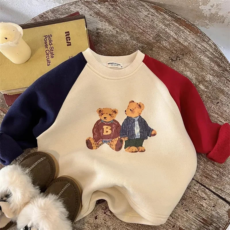 Children's Fleece-Lined Sweater 2024Autumn Winter Boys and Girls Cartoon Bear Baby Contrast Color Pullover Bear Fleece Shirt