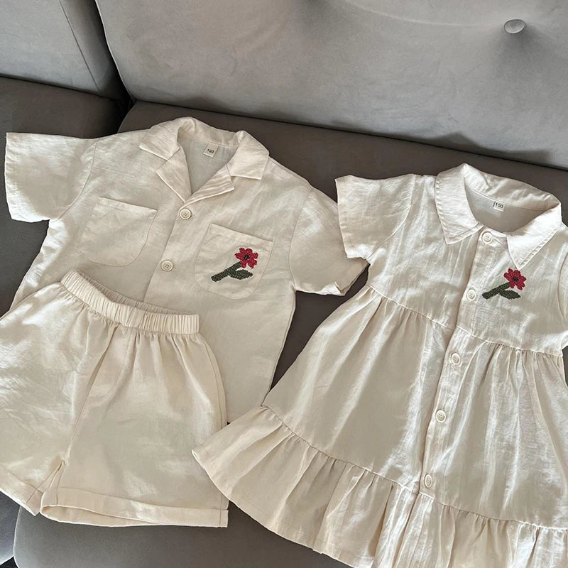 Children's Summer Shirt Set Casual Boys Flower Shirt Shorts 2pcs Korean Style Cute Girls' Dress Siblings' Outfit Kid's Clothing