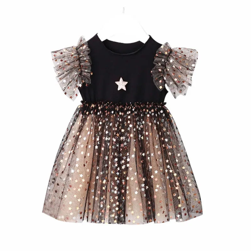 Spring Summer Kid's Clothes Girls Long Sleeve A-line Dresses 1-6 Years Star Sequin Mesh Patchwork Princess Dress