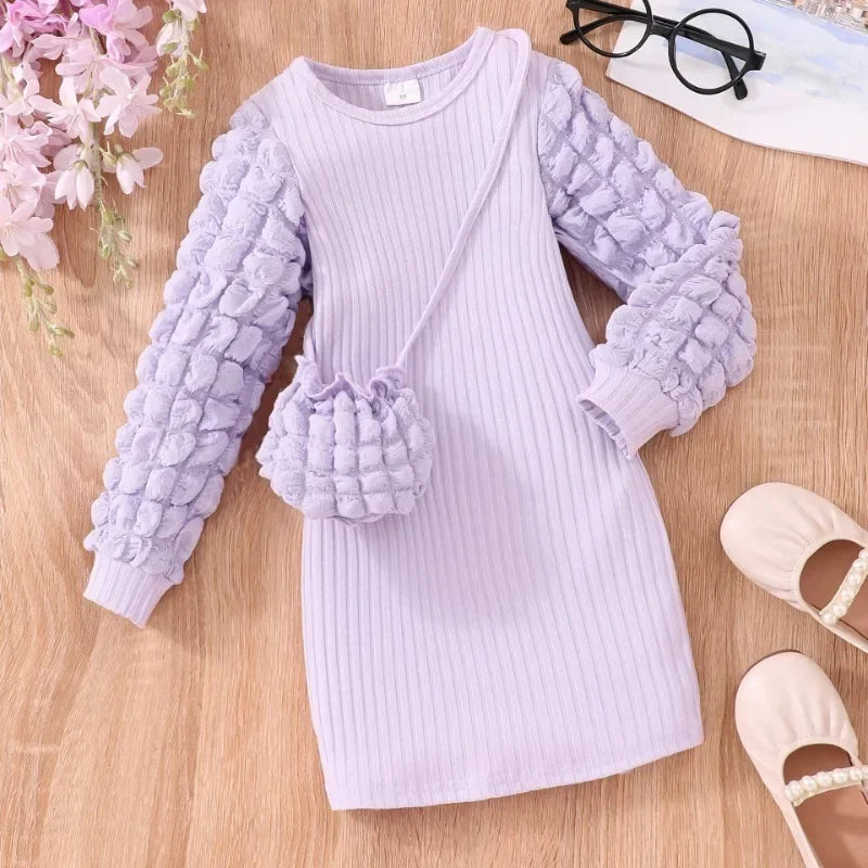 3-7Y Children Autumn Winter Long Sleeve Puffy Bubble Sleeve Pit With Bag Solid Color Baby Dress Set For Kids Girls Clothing