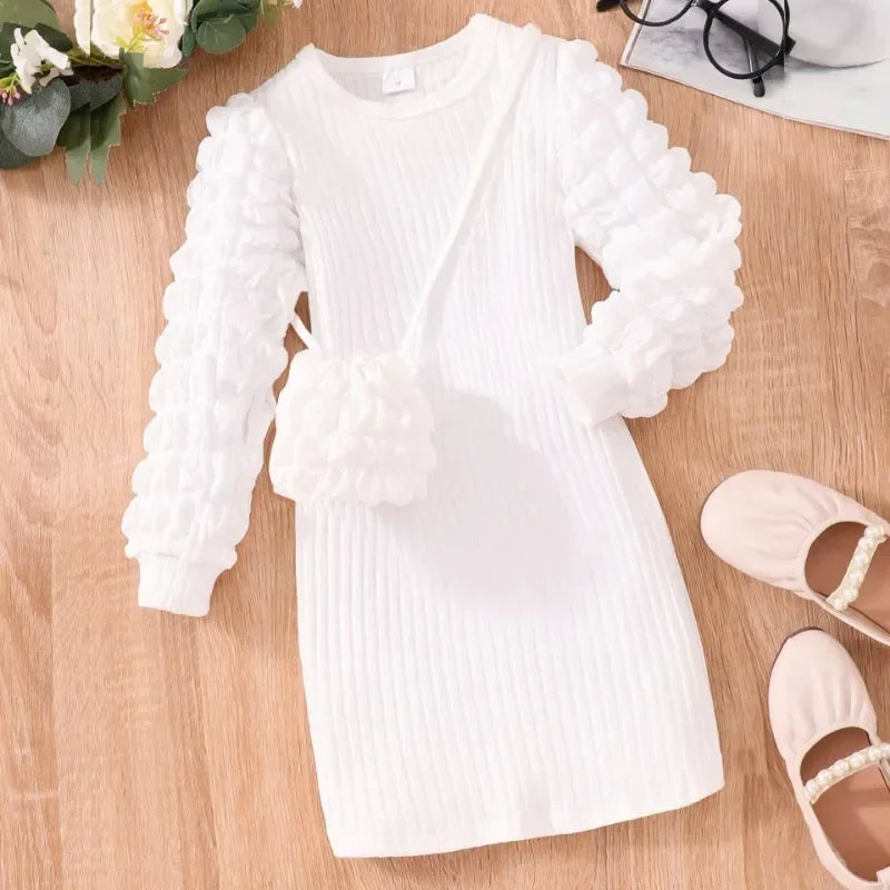 3-7Y Children Autumn Winter Long Sleeve Puffy Bubble Sleeve Pit With Bag Solid Color Baby Dress Set For Kids Girls Clothing