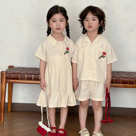 Children's Summer Shirt Set Casual Boys Flower Shirt Shorts 2pcs Korean Style Cute Girls' Dress Siblings' Outfit Kid's Clothing