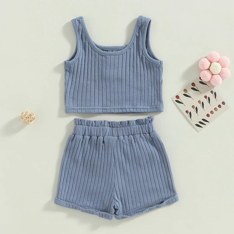 Summer Toddler Baby Girls Outfit Clothes Sets Solid Color Button Vest + Ribbed Drawstring Shorts Baby Children Clothing