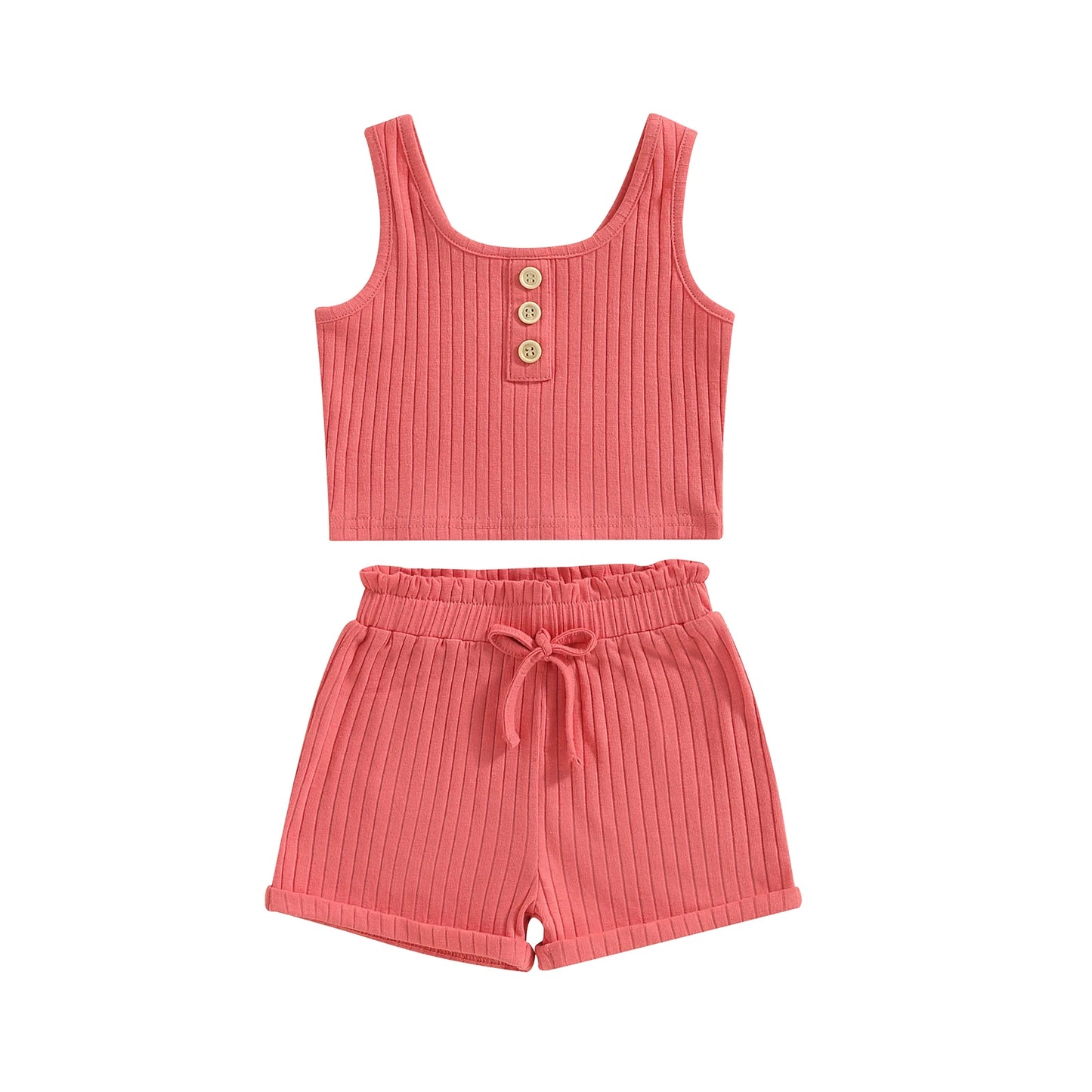 Summer Toddler Baby Girls Outfit Clothes Sets Solid Color Button Vest + Ribbed Drawstring Shorts Baby Children Clothing