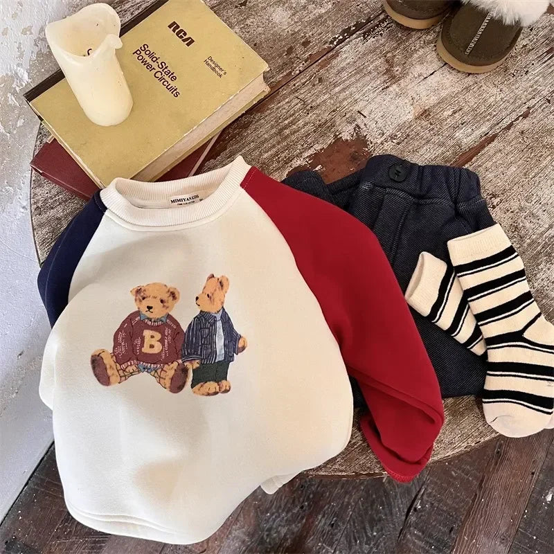 Children's Fleece-Lined Sweater 2024Autumn Winter Boys and Girls Cartoon Bear Baby Contrast Color Pullover Bear Fleece Shirt