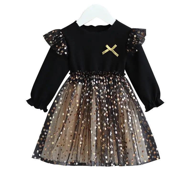 Spring Summer Kid's Clothes Girls Long Sleeve A-line Dresses 1-6 Years Star Sequin Mesh Patchwork Princess Dress