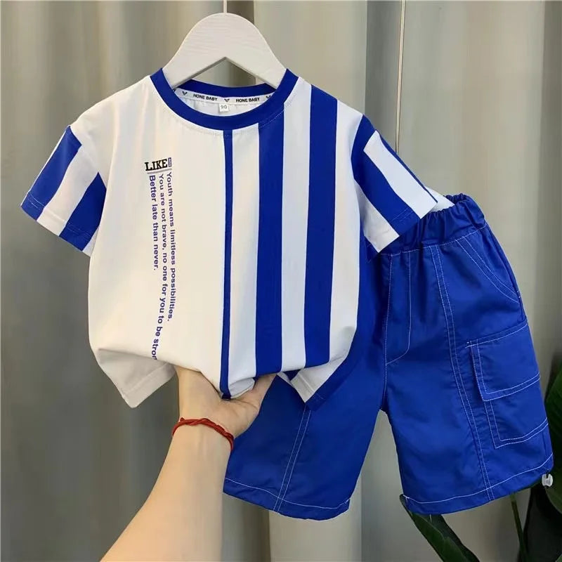 Summer Boy Clothing New Children's Clothes Set Boys Short Sleeve Striped T-Shirt+Shorts 2 Piece Set Kids 1-8T Sportswear Suit