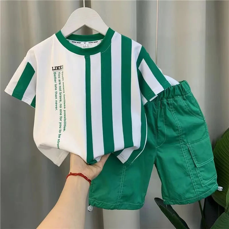 Summer Boy Clothing New Children's Clothes Set Boys Short Sleeve Striped T-Shirt+Shorts 2 Piece Set Kids 1-8T Sportswear Suit