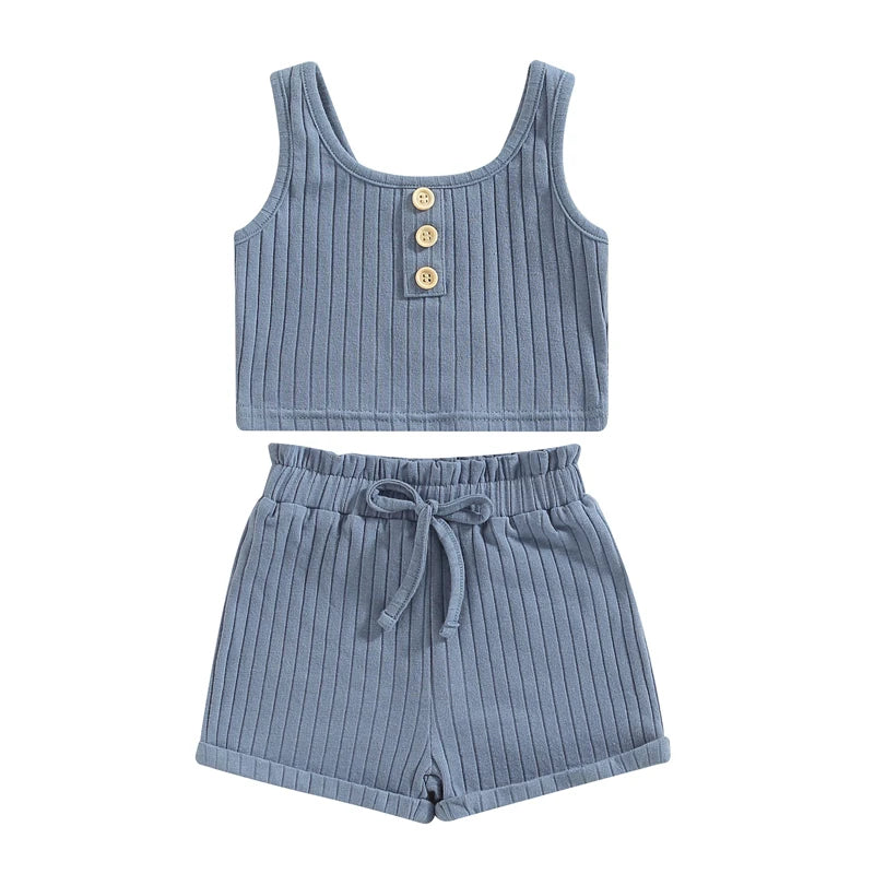 Summer Toddler Baby Girls Outfit Clothes Sets Solid Color Button Vest + Ribbed Drawstring Shorts Baby Children Clothing