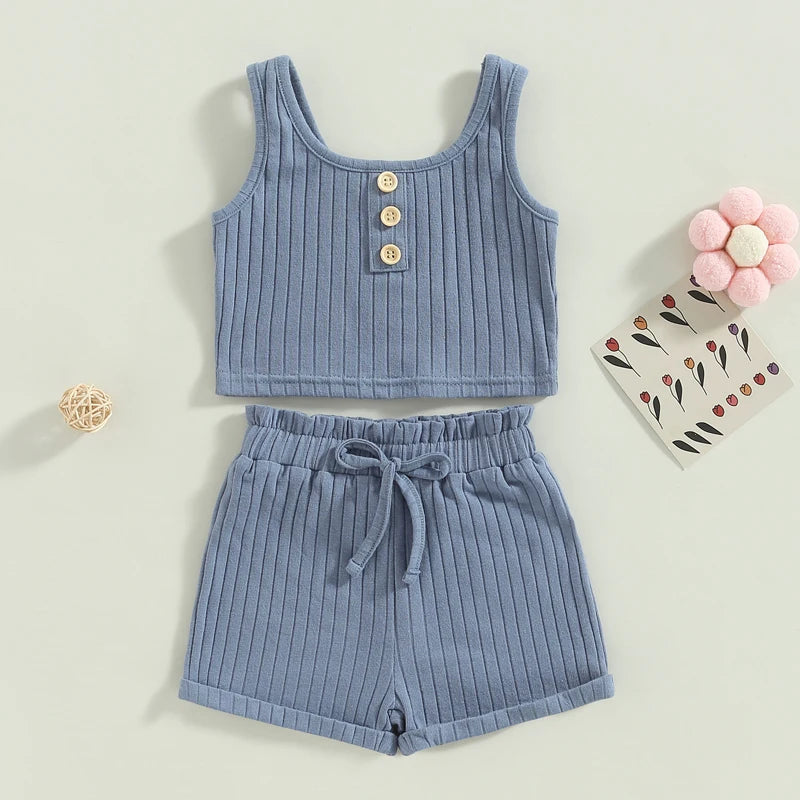 Summer Toddler Baby Girls Outfit Clothes Sets Solid Color Button Vest + Ribbed Drawstring Shorts Baby Children Clothing