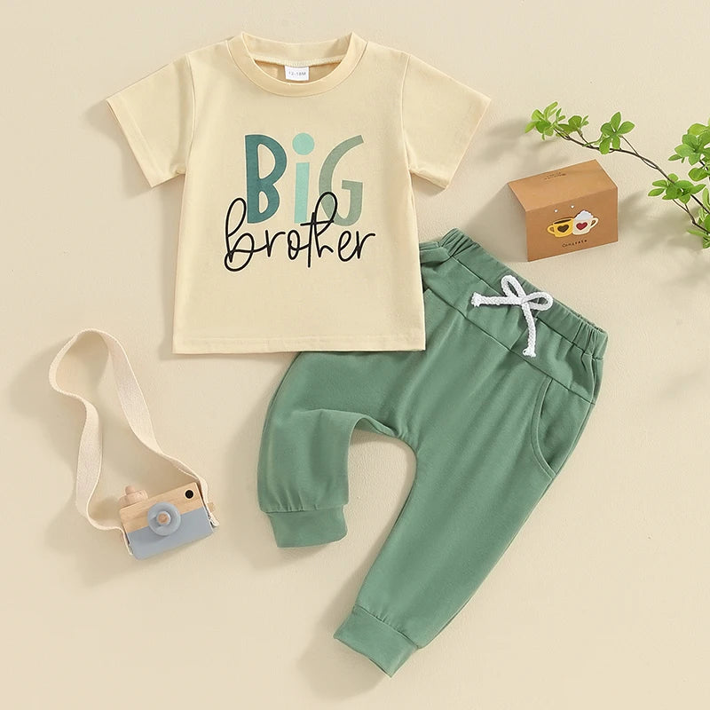 2024-01-11 Lioraitiin Summer Baby Boys Brother Outfit Letter Print Short Sleeve T-Shirt and Elastic Pants Clothes Set