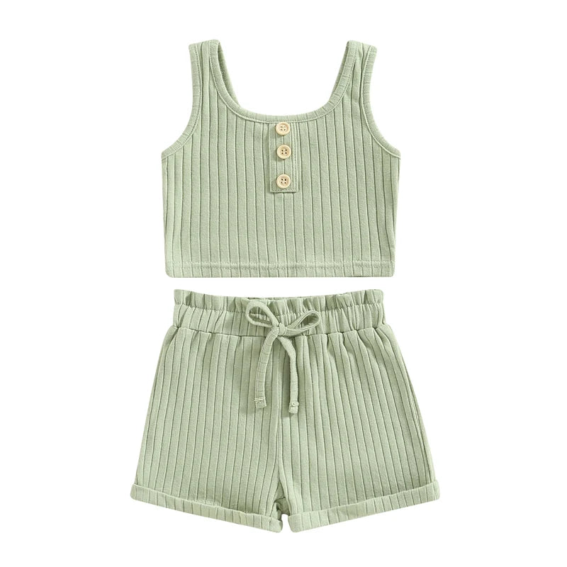 Summer Toddler Baby Girls Outfit Clothes Sets Solid Color Button Vest + Ribbed Drawstring Shorts Baby Children Clothing