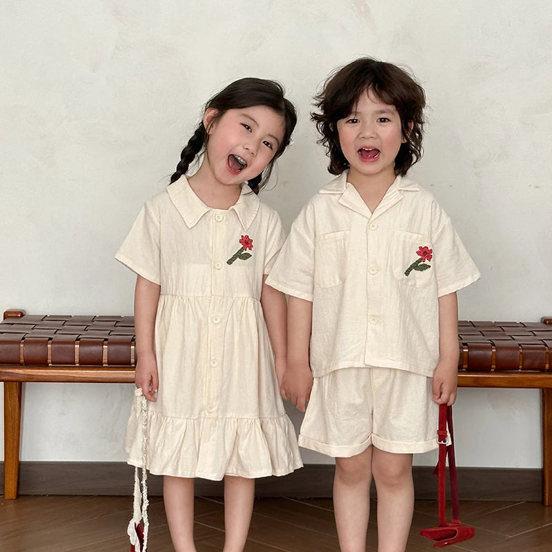 Children's Summer Shirt Set Casual Boys Flower Shirt Shorts 2pcs Korean Style Cute Girls' Dress Siblings' Outfit Kid's Clothing