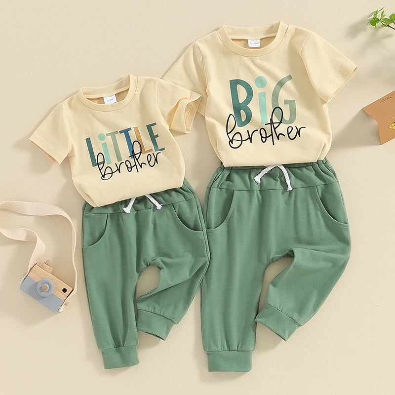 2024-01-11 Lioraitiin Summer Baby Boys Brother Outfit Letter Print Short Sleeve T-Shirt and Elastic Pants Clothes Set