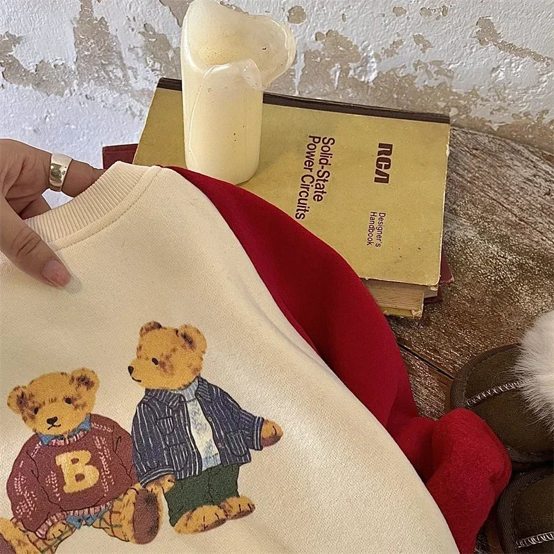 Children's Fleece-Lined Sweater 2024Autumn Winter Boys and Girls Cartoon Bear Baby Contrast Color Pullover Bear Fleece Shirt