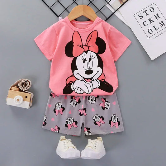 Disney Summer Baby Girl Clothes Set Cartoon Minnie Short Sleeve Cotton Girls Outfits for 0-3year Kids Clothes