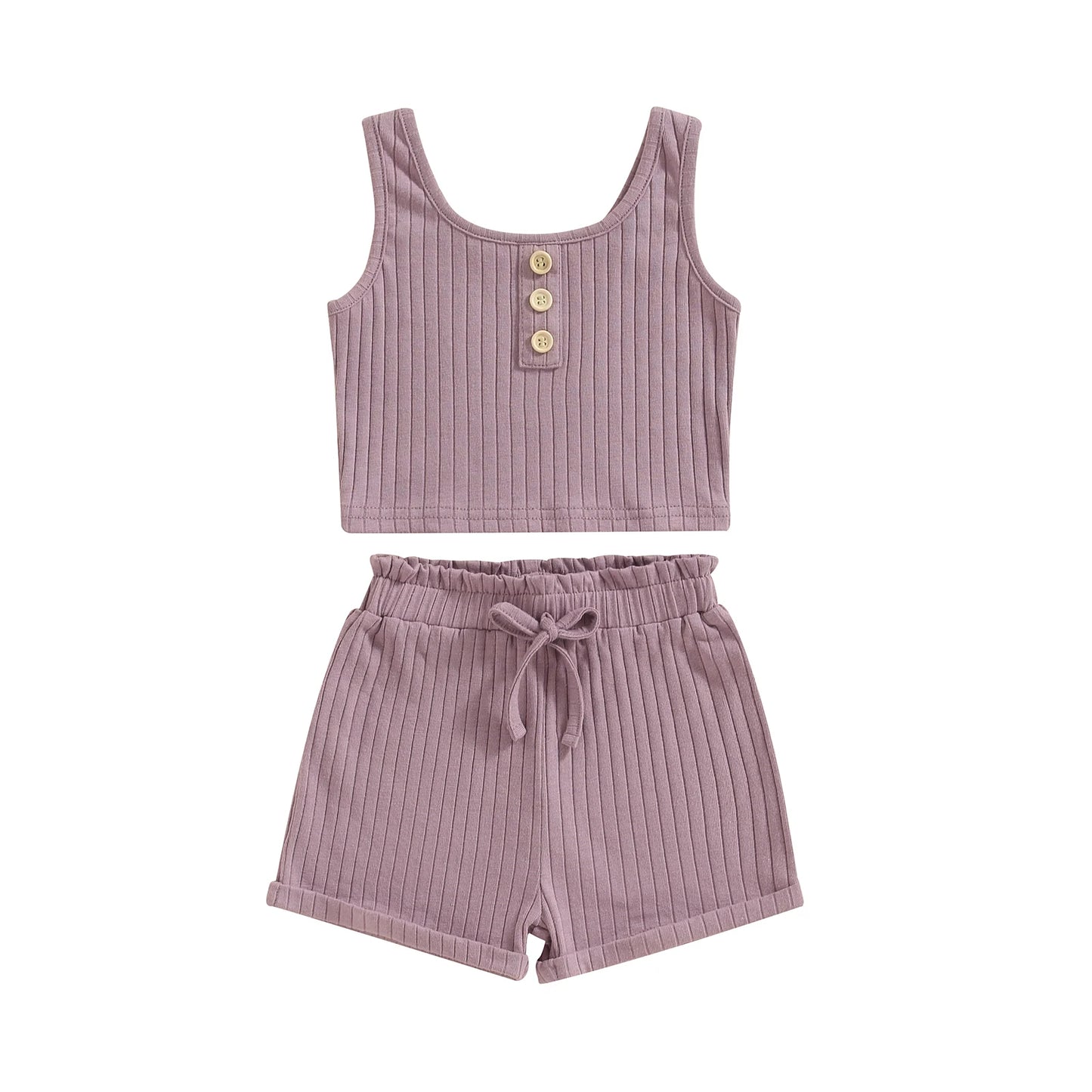 Summer Toddler Baby Girls Outfit Clothes Sets Solid Color Button Vest + Ribbed Drawstring Shorts Baby Children Clothing