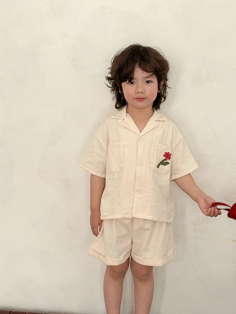 Children's Summer Shirt Set Casual Boys Flower Shirt Shorts 2pcs Korean Style Cute Girls' Dress Siblings' Outfit Kid's Clothing