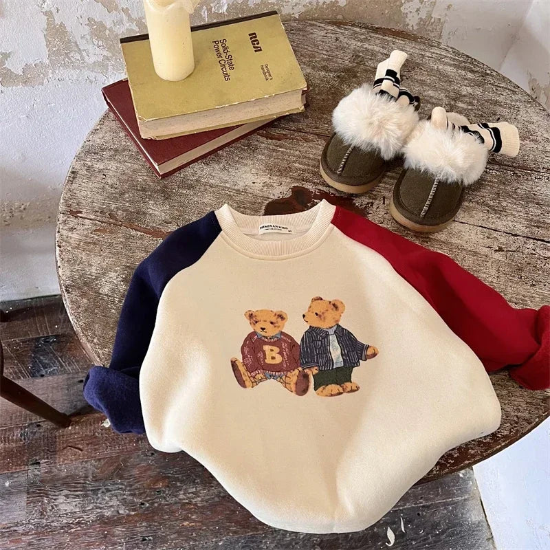 Children's Fleece-Lined Sweater 2024Autumn Winter Boys and Girls Cartoon Bear Baby Contrast Color Pullover Bear Fleece Shirt